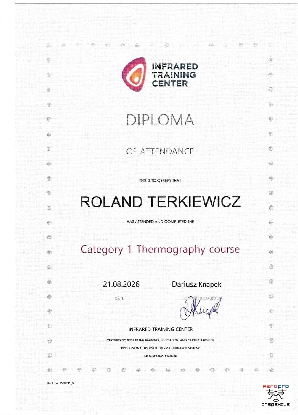 Diploma of Attendance — Category 1 Thermography Course
